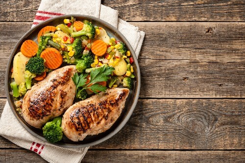 A table is set with a healthy grilled selection of vegetables and chicken.